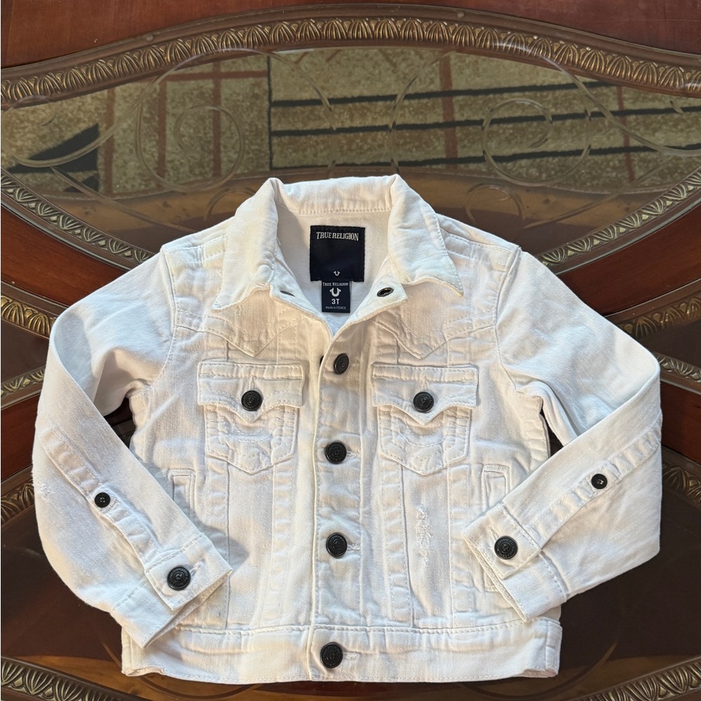 True Religion White Denim Jacket Distressed Trucker Style